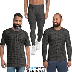 May include: Three men's shirts and pants with a chainmail pattern. The shirts are long-sleeved and short-sleeved. The pants are long and have a fitted style.