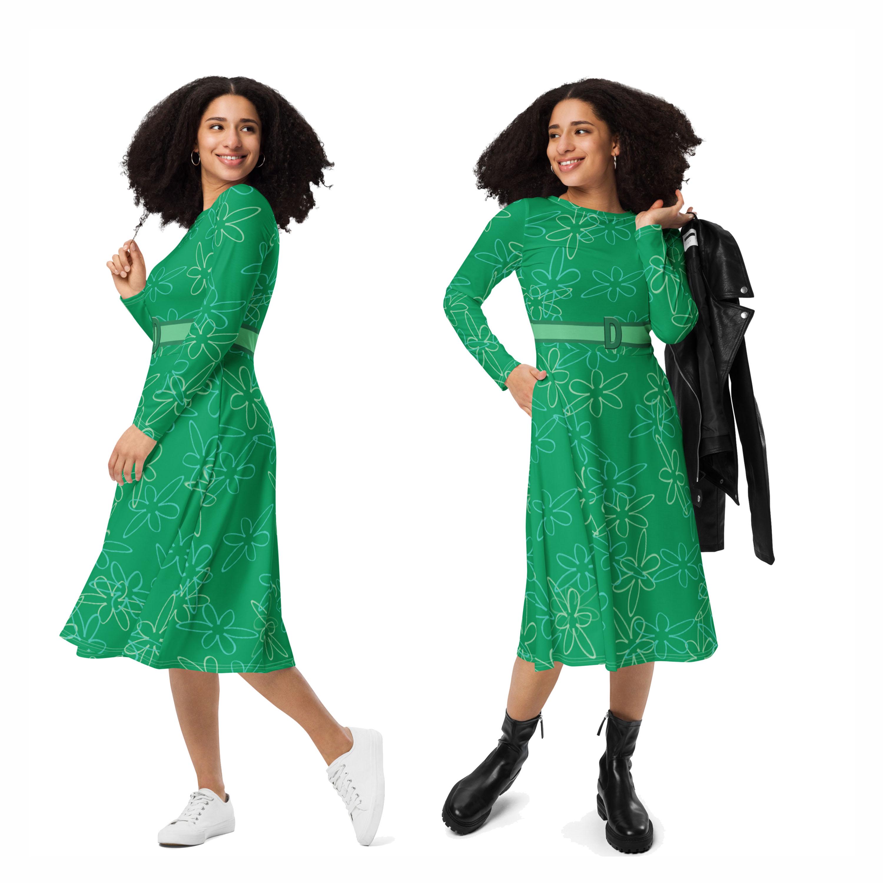 Disgust Costume 2XS - 6XL Inside Out Emotion Midi Dress Long Sleeve Knee Length Dance Party Plus Size Halloween Cosplay Bounding Movie Gift