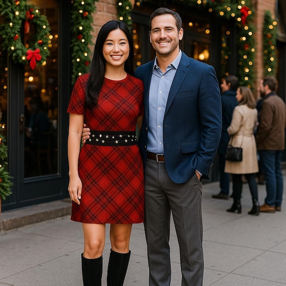 christmas party shirt dress 2XS - 6XL Holiday Red Buffalo Plaid String Lights T-shirt Dress up Bounding Skirt Cosplay Women Dance Plus Size Gift Red Plaid Dress For