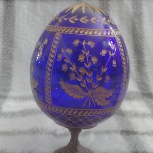 Vintage Cobalt Blue Hand Cut Etched Glass Limited Edition Russian Faberge Style Egg Signed ANASTASIA 002/1000