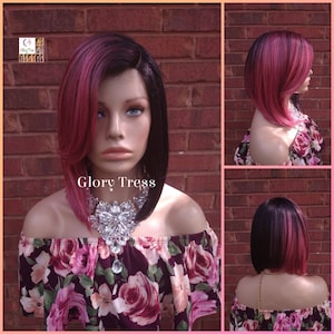 Full Bob Wig, Glory Tress, Long Layered Bob Wig, Ombre Pink & Black Wig,  Straight Full Wig, Lace Parting, Alopecia Chemo Wig// UNIQUE