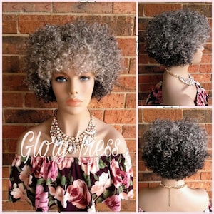 Big Kinky Curly Gray Wig,  Curly Full Wig With Bangs, Ombre Silver/Gray Wig,  Afro Wig,  African American Wig, ON SALE // GLORIA