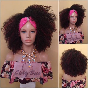 Headband Half Wig With Free Crochet Headband Kinky Curly Wig Black Wig Burgundy Highlights Glory Tress African American Wig - PROSPERITY