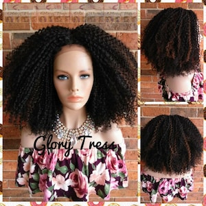Spitze-Front-Perücke, verworrene lockige Spitze-Front-Perücke, große lockige Afro-Perücke, schwarze Perücke mit Auburn-Highlights, lockige Perücke, im Angebot // GRAND