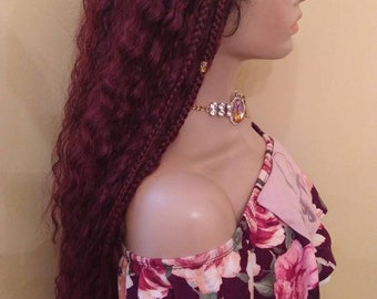 Curly Lace Front Wig Ombre Burgundy Hand-braided Wig Fulani  display picture 2