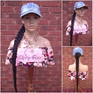 Ponytail Hat Wig, 40&quot; Long Whip Braided Yaki Texture Ponytail, Throw On An Go Wig, Black Ponytail, African American Hairstyle //WHIP