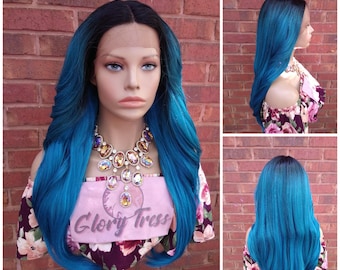 Curly Lace Front Wig Ombre Blue Wig For Women Glory Tress Chemo Alopecia Wigs African American Wig Gift For Her Halloween Cosplay // OCEAN