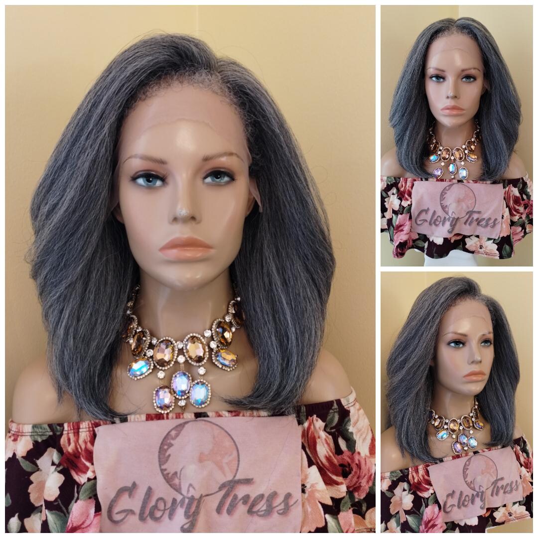 Sliver Gray Yaki Straight 13x6 HD Lace Front Wig Salt  display picture 1