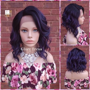 Lace Front Peruk, Peruk, Bob Peruk, Ombre Lila Blå Peruk, Vågig Bob Peruk, Lace Del Peruk, Glory Tress, Alopecia Chemo Halloween Peruk/ PRECIOUS