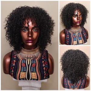 Gray Curly Wig, Human Blended Wig, Salt & Pepper grey Curly Full Wig, Wig With Bangs, Glory Tress, African American Wig // BRILLIANT
