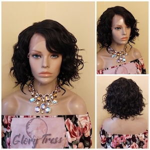 Short & Wavy Bob Lace Front Wig, 100% Human Hair Blend, Glory Tress Wigs, Black Wavy Wig // DELIGHT