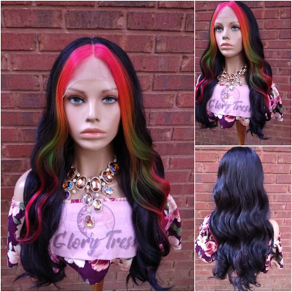 Rainbow Wavy Lace Front Wig HD Lace Synthetic Ombre Wigs for  display picture 3