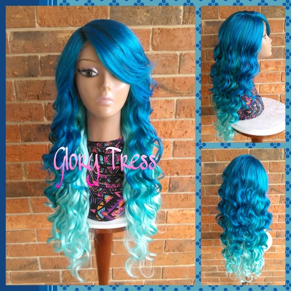 Long Brazilian Wavy Lace Front Wig, Ombre Blue Wig, Body  display picture 3
