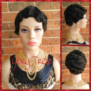 Korte vinger Wave volledige pruik, 100% Remy Braziliaans menselijk haar, vintage kapsel uit de jaren 1920, TE KOOP // REVIVE