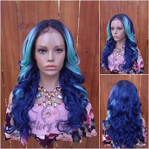 Lace Front Wig, Wigs, Wavy Lace Front, Wig, Ombre Blue Wig, Glory Tress, Body Wave Wig// AZUL
