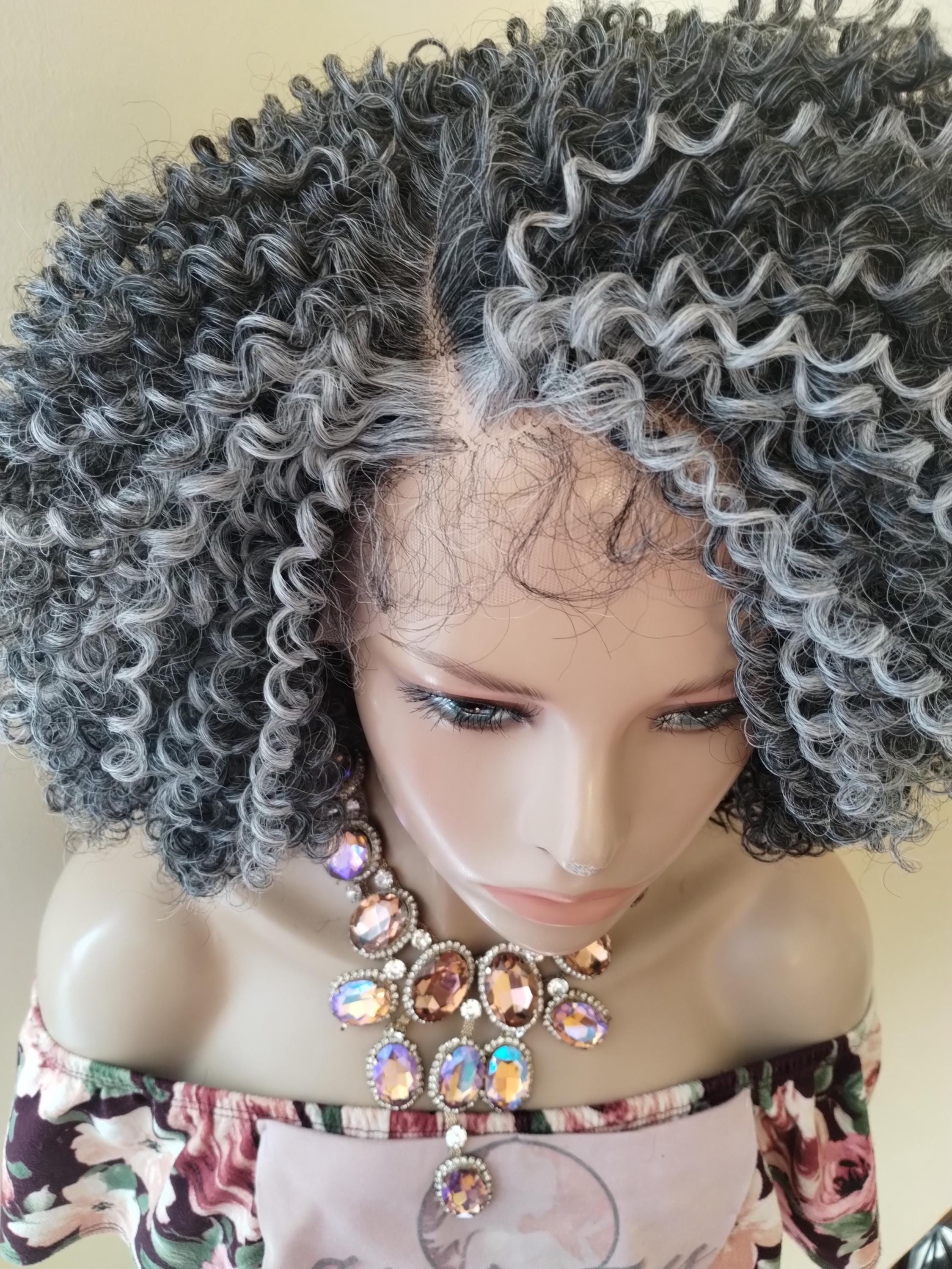 Kinky Curly Lace Front Wig, Silver Gray Wig, Salt & Pepper  display picture 1