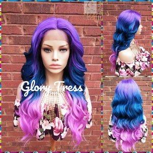 Wavy Lace Front Wig, Ombre Rainbow Wig, Glory Tress, Pink Wig, Purple Wig, Unicorn Haircolor, Cosplay Wig, Heat Safe, ON SALE // DIVA