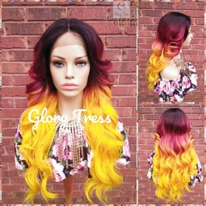 CLEARANCE // Wavy Lace Front Wig, Ombre Burgundy, Glory Tress, Ombre Yellow, Cosplay Wig, Heat Safe,// DIVA