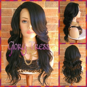 ON SALE // Long Wavy Lace Front Wig, Silky Black Wig, Dark Rooted Bombshell Wig // PURITY (Free Shipping)