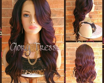 ON SALE // Long Wavy Lace Front Wig, Silky Dark Cherry Wig, Dark Rooted Bombshell Wig // PURITY (Free Shipping)