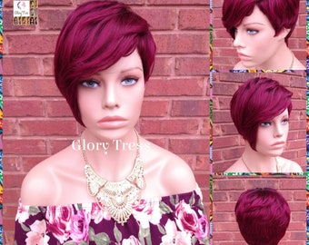 Short Razor Cut Full Wig With Side Bangs, Pixie Cut, 100% Human Hair Wig, Ombre Burgundy Wig, African American Wig, ON SALE //ADORE