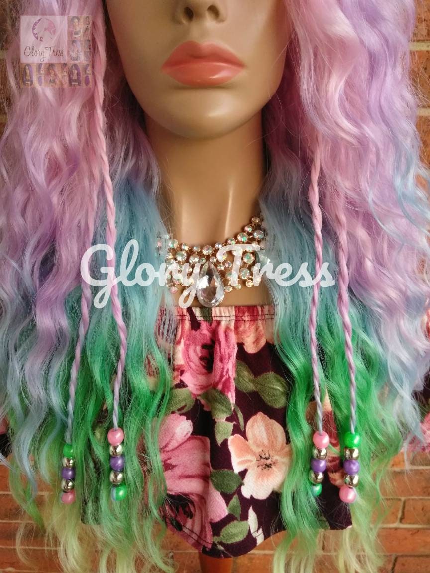 Deep Wavy Lace Front Wig, Ombre Rainbow Wig, Pastel Wig  display picture 2
