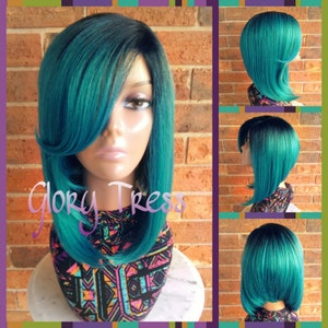 Long Layered Bob Wig, Ombre Turquoise Bob Wig, Yaki Straight Bob Full Wig, Lace Parting, Glory Tress Wigs, Halloween Cosplay Wig // TREASURE