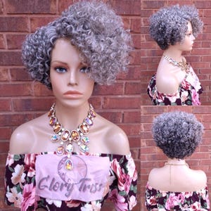 Kinky Curly Gray Wig Curly Full Wig With Bangs Ombre Silver Gray Wig  Afro Wig African American Wig Lace Part Glory Tress // STERLING QUEEN2