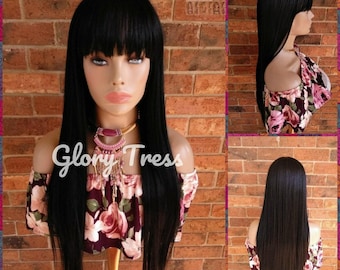 Wig, China Bangs Wig, Full Cap Wig, 100% Human Hair Blend Wig, Straight Wig, Black Wig // EGYPT