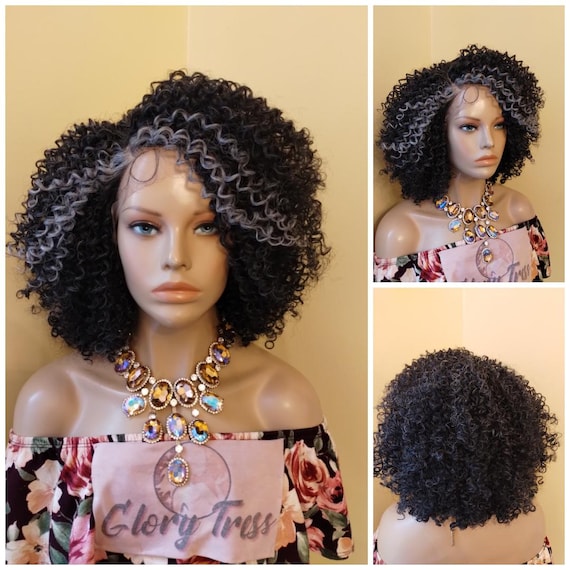 Kinky Curly Lace Front Wig, Silver Gray Wig, Salt & Pepper  display picture 3