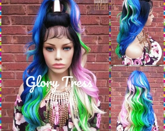 Wavy Lace Front Wig, Ombre Rainbow Wig, Glory Tress, Pink Wig, Blue Wig, Unicorn Haircolor, Cosplay Wig, Heat Safe, ON SALE // VIBRANT