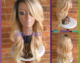 Wavy Lace Front Wig,  Silky Blonde Wig For Women, Alopecia Chemo Wig, Halloween Cosplay, Glory Tress, Ombre Blonde Wig // PURITY