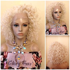 Curly Lace Front Wig, Human Hair Blend, 13X5 Free Parting, HD Lace Frontal, Glory Tress, 613 Golden Platinum Blonde Wig, Halloween //  ANNA
