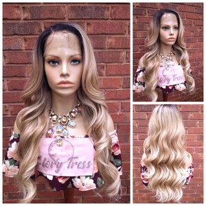 26&quot; Wavy Lace Front Wig Ombre Ash Blonde Wigs For White Women Long Wavy Wig Alopecia Chemo Wigs Heat Friendly Glory Tress // FAITHFUL CROWN