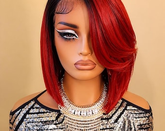 Straight Bob Lace Front Wig With Bangs, Ombre Red Wig For Women, HD Lace Wig, Alopecia Chemo Wig, Glory Tress, Halloween // SCARLET