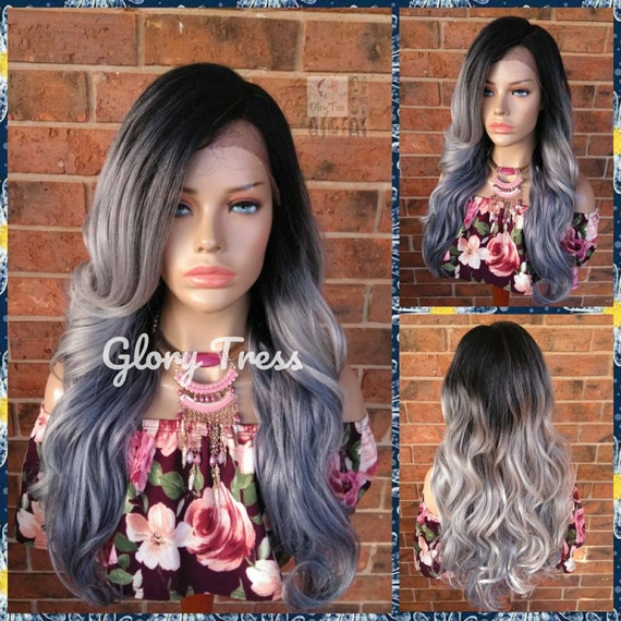 On Sale Long Curly Lace Front Wig Ombre Silver Blue Wig Etsy
