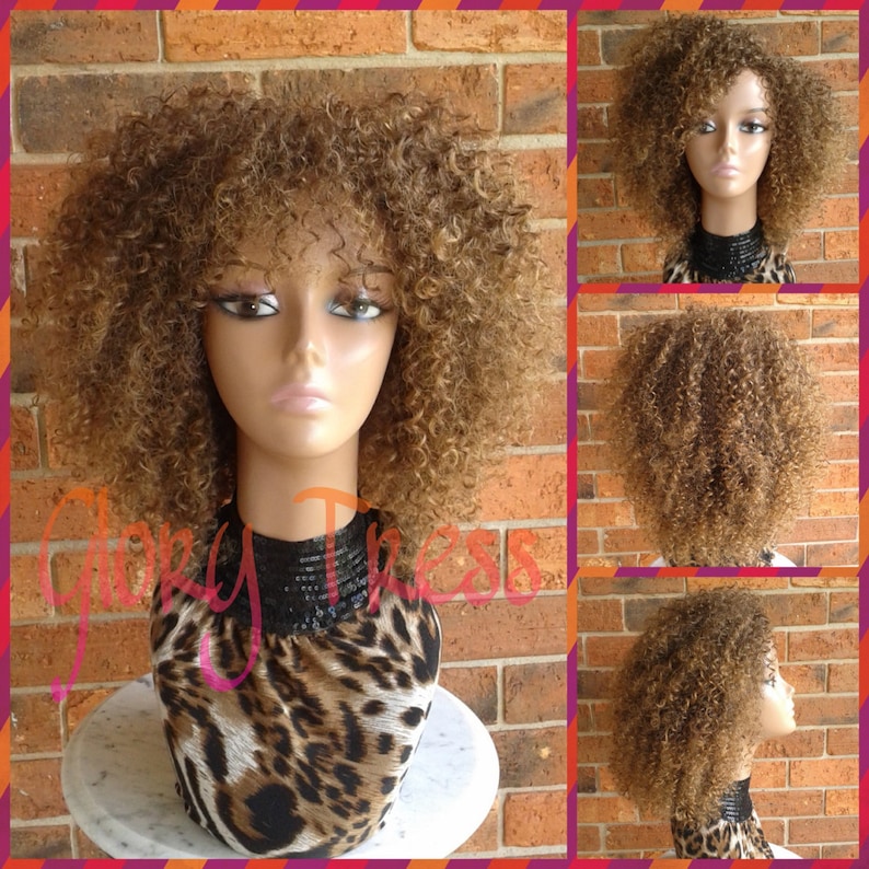 On Sale Kinky Curly Wig With Bangs Short Curly Half Wig Etsy
