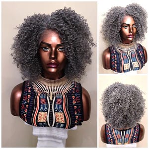 Kinky Curly Lace Front Wig, Silver Gray Wig, Salt & Pepper Wigs For Mature Women, African American Wig, Alopecia Chemo Glory Tress //WISDOM2
