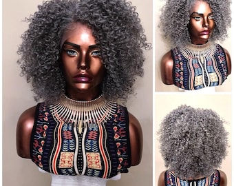 Verstrickte Lockige Lace Front Perücke, silbergraue Perücke, Salt & Pepper Perücken für reife Frauen, Afroamerikanerperücke, Alopecia Chemo Glory Tress //WISDOM2