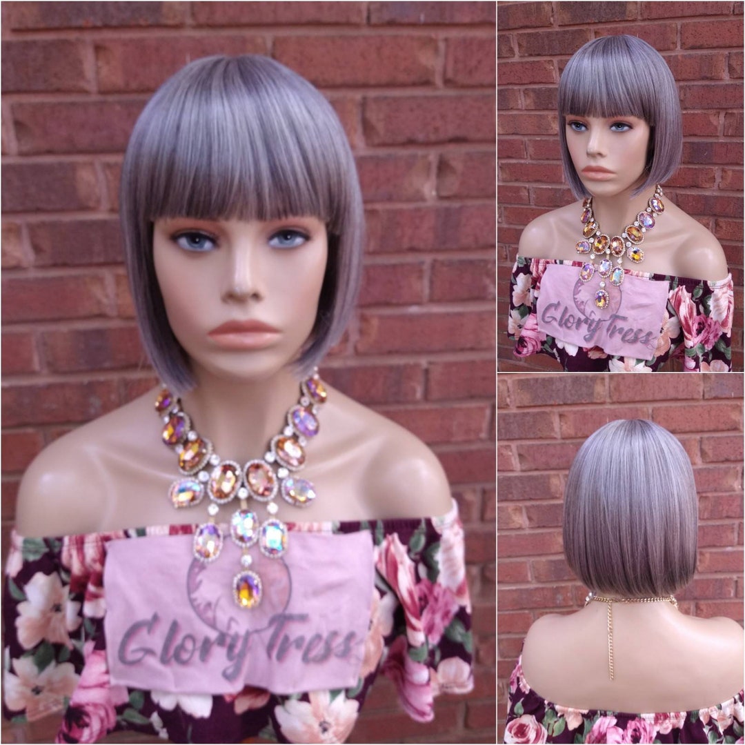Silver Gray Wig With Bangs Straight Wig for Women Synthetic Heat
