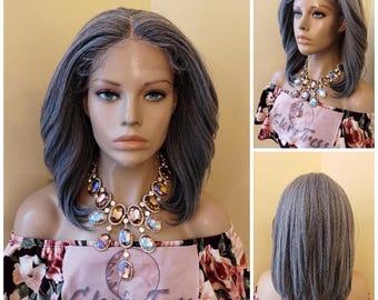 Sliver Gray Yaki Straight Lace Front Wig Salt & Pepper Gray Wig For Women Wig Synthetic Wig Alopecia Chemo  Glory Tress - STERLING2