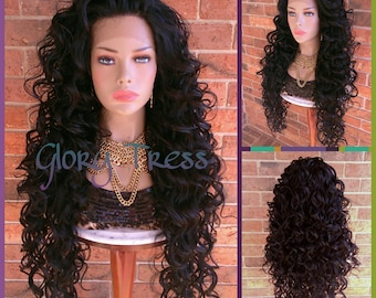 Lace Front Wig - Wigs - Glory Tress - Long Wavy Wig - Black Wig - Human Hair Blend Wig - Lace Front Wigs - Deep Wave- ON SALE // GLORY