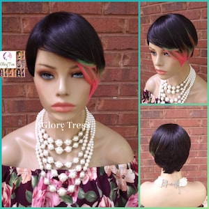 Short Razor Cut Full Wig, Pixie Cut Hairstyle, 100%  Human Hair Wig, Ombre Pink & Green // BELIEVE
