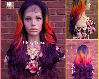 NEW ARRIVAL // Purple Curly Lace Front Wig, Long Curly Wig, Ombre Purple, Ombre Orange Wig, Unicorn Haircolor // SLAY