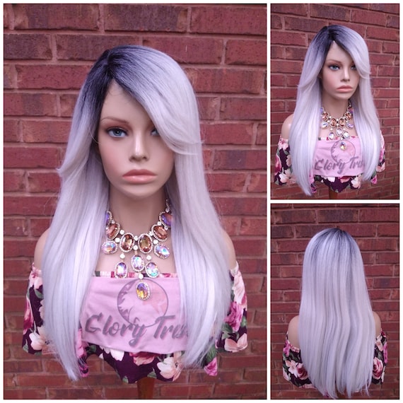 Straight Silver Wig, Ombre Silver Full Wig, Silver Gray Wig, Glory