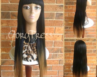 ON SALE // Celebrity Inspired China Bangs Full Wig, 100% Human Hair Blend Wig,  Long & Straight Ombre Blonde Wig // EGYPT(Free Shipping)