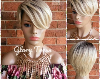 Blonde Pixie Cut Wig | Full Cap Wig With Bangs | Glory Tress Wigs | Ombre Platinum Blonde Wig | Short Razor Cut Wig, ON SALE // DEVOTE