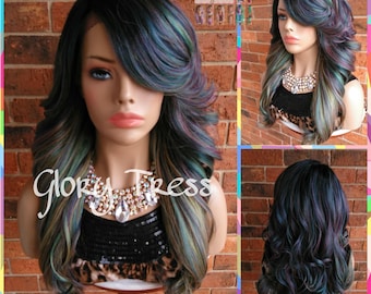 Curly Lace Front Wig, Glory Tress, Ombre Oil Slick Rainbow Hair, Dark Rooted Bombshell Wig // SALVATION