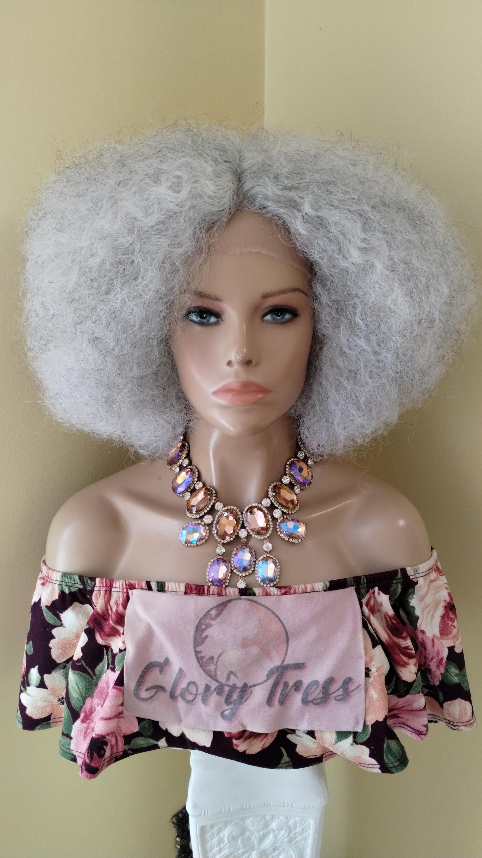 Curly Afro Lace Front Wig, Silver Gray Wig, Salt & Pepper 