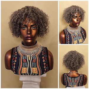 Kinky Curly 100% Human Hair Gray Wig,  Curly Full Wig With Bangs, Silver/Gray Wig,  Afro Wig,  African American Wig // SARAH
